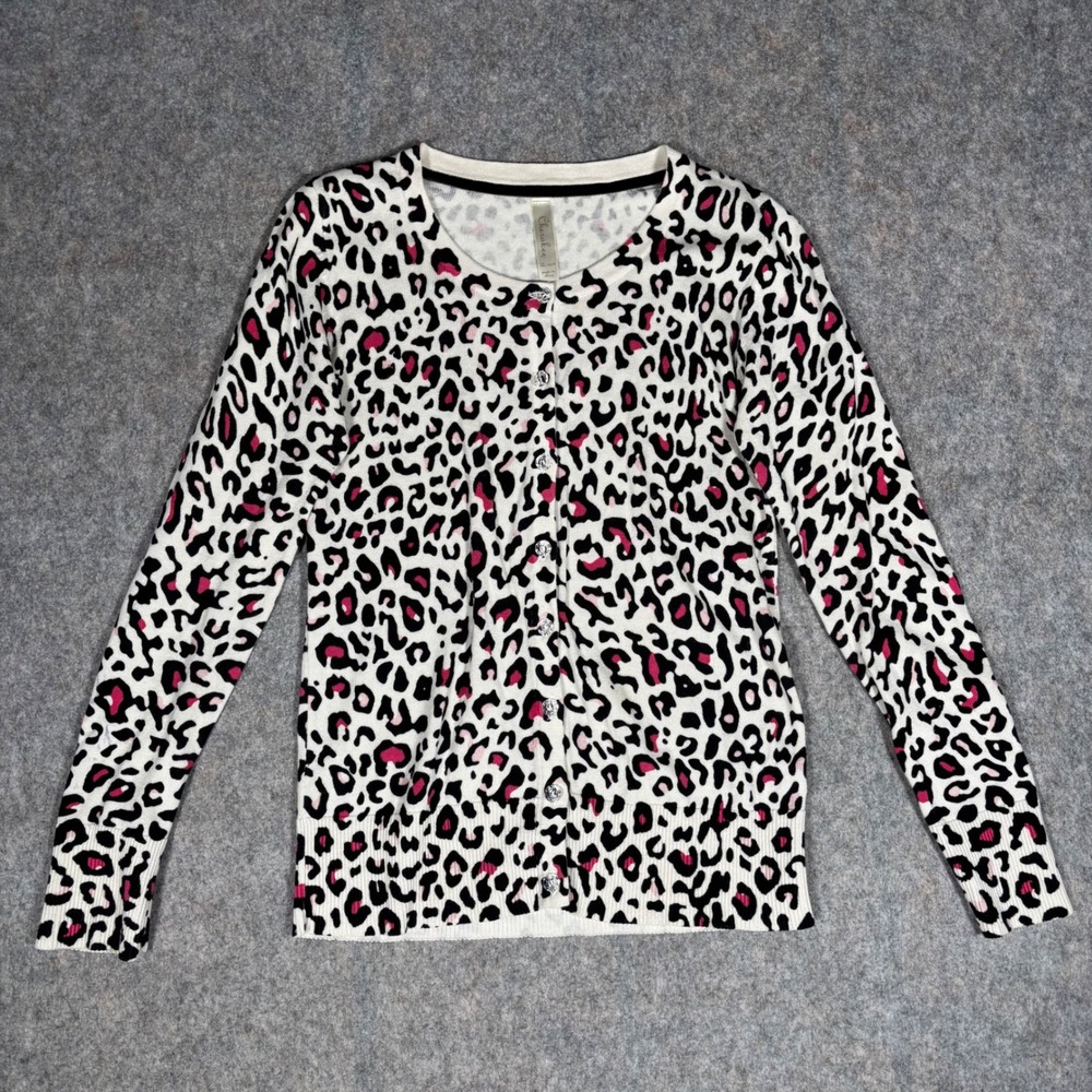 Cherokee Cardigan Sweater Girls XL 14/16 White Pink‎ Leopard Print Button Cotton